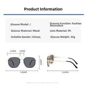 Steampunk sunglasses size chart showing 55mm lens width and 140mm frame width