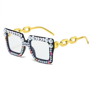 Black square birthday party glasses with pearls, colorful beads and golden chain legs