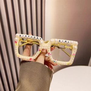Square party sunglasses with pearls and Birthday Girl lettering with gold chain arms