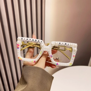 Birthday Girl square white frame glasses with pearls and gold chain temples