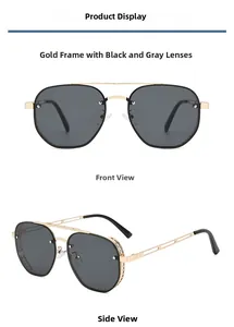 Steampunk sunglasses with gold metal frame, dark grey lenses, and hollowed-out side shields
