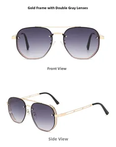 Front and side views of steampunk sunglasses with gold metal frames and dual gray lenses