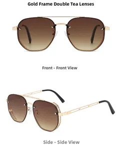 Steampunk aviator sunglasses with gold frames and tea gradient lenses in side and front view