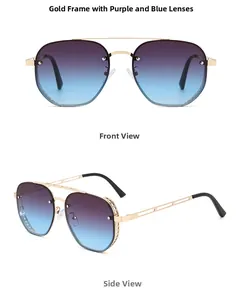 Steampunk aviator sunglasses with gold metal frame and purple-blue gradient lenses detail