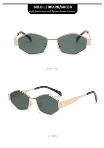 Detail der geometrischen Goldmetall-Sonnenbrille mit dunkelgrünen Gläsern und Schildpatt