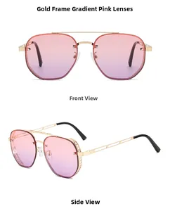 Front and side views of steampunk pilot sunglasses with gold frame and gradient pink lenses