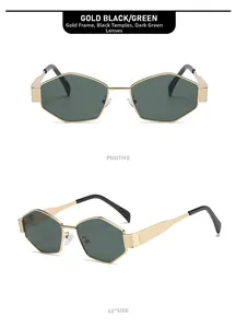 Front- und 45-Grad-Ansicht der geometrischen Gold-Sonnenbrille mit grünen Gläsern