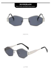 Detaillierte Front- und 45-Grad-Seitenansicht der silbernen geometrischen Metall-Sonnenbrille
