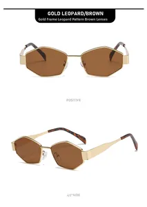 Detailansicht der hexagonalen Metall-Sonnenbrille in Gold mit Leoparden-Bügeln und braun