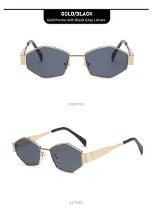 Vorder- und Seitenansicht der geometrischen Rauten-Sonnenbrille mit Goldrahmen und Gläsern