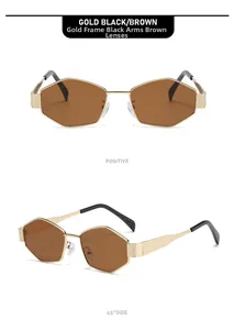 Detailansicht der geometrischen sechseckigen Sonnenbrille mit Goldrahmen und braunem Glas