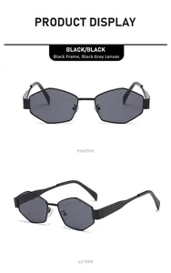 Front- und 45-Grad-Seitenansicht der schwarzen Sechseck-Metall-Sonnenbrille