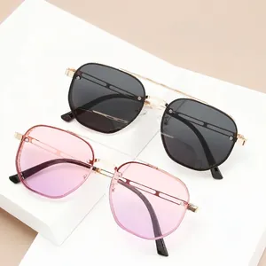 Retro steampunk sunglasses with rimless double-bridge metal frame and gradient lenses