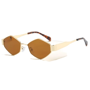 Schicke geometrische Sonnenbrille mit Gold-Metallrahmen und braunen Gläsern für Damen