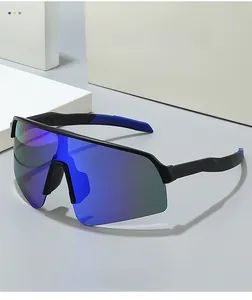 Close-up of blue mirrored wrap-around lenses and textured frame for cycling glasses