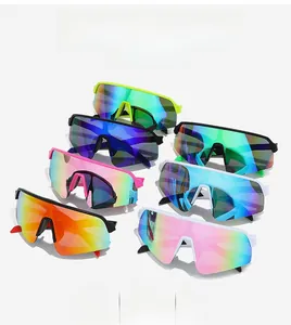 Close-up of polarized sports sunglasses showing colorful mirror lenses and non-slip pads