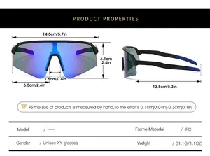 Detailed dimension chart showing size specs for cycling sports sunglasses
