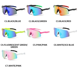 Matrix display showing 7 color variants of cycling sports sunglasses with colorful lenses