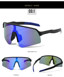 Three-view layout showing matte black cycling sunglasses with blue mirrored lens