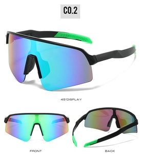 Three-angle view of wrap-around cycling sunglasses with colorful gradient lenses and non-slip pads