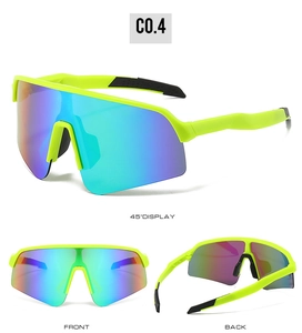 Three views of neon green cycling sunglasses with colorful mirrored one-piece lenses