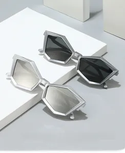 Detail of trendy polygonal sunglasses with matte silver frames and grey lenses