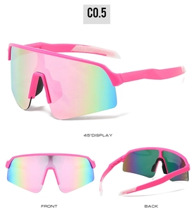 Three-view display of pink cycling sunglasses with iridescent lenses and sports frame