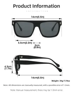 Detailed size chart for retro square sunglasses with frame dimensions in cm and inches
