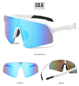 Outdoor sports sunglasses with white frame and blue mirrored lenses in multiple angles