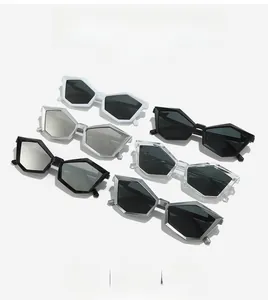 Five pairs of geometric polygon sunglasses in various colors displayed on white background