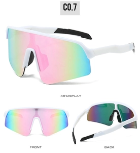 Three views of sports sunglasses with white frame and iridescent colorful mirror lenses
