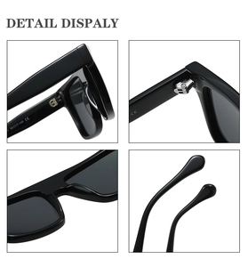 Detail view of square acetate sunglasses with metal spring hinges and CE marked temples