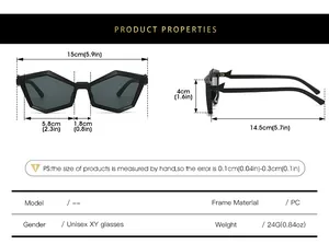 Detailed size specifications for polygon frame sunglasses including width and height