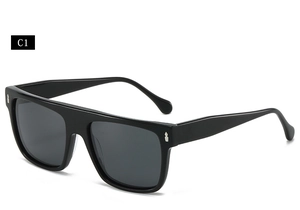 Flat top black acetate sunglasses with dark grey lenses and silver metal temple rivets