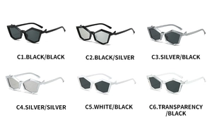 Matrix display of polygon sunglasses in six assorted frame colors and lens styles