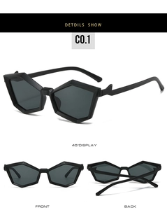 Three-angle view of black polygonal sunglasses showing frame details and dark lenses