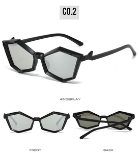 Multi-angle view of black polygon sunglasses with unique lightning-shaped temple details