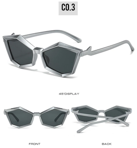 Three-view display of geometric polygon sunglasses with silver frames and gray lenses