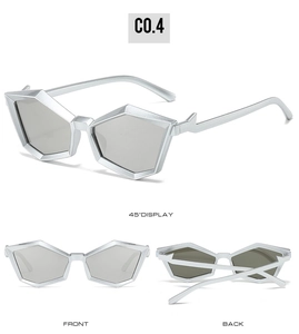 Detailed views of silver polygon sunglasses with grey lenses from three different angles