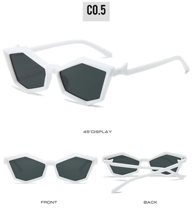 Detailed views of geometric polygonal sunglasses with thick white frames and grey lenses