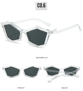 Three-view display of polygonal sunglasses with transparent frames and dark grey lenses