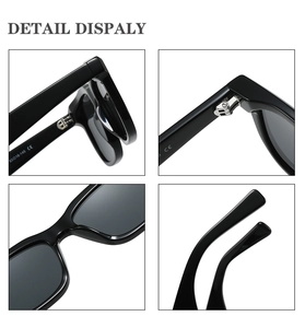 Makro-Detail einer hochwertigen quadratischen Sonnenbrille mit Metallscharnieren und Maßen