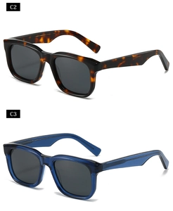 Details von quadratischen Acetat-Sonnenbrillen in Schildpatt und Transparent-Blau mit TAC-Gläsern