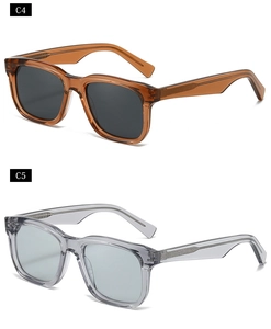 Nahaufnahme der quadratischen Acetatsunnenbrille in Bernsteinbraun und Grau