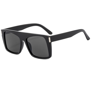 Men's square black flat top sunglasses with silver metal accents on white background