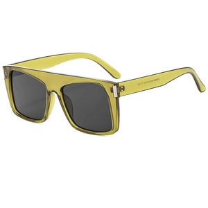 Olive green translucent square sunglasses with gray UV lenses and metal accents