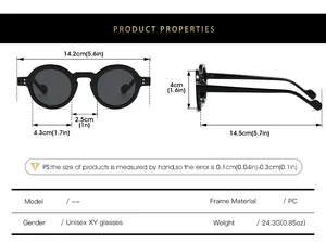Size chart showing frame dimensions and technical specifications for round retro sunglasses