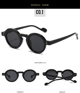 Detailed views of retro round black sunglasses showing 45-degree angle, front, and back