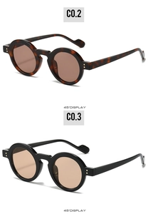 45-degree angle display of vintage round sunglasses in tortoiseshell and black frames