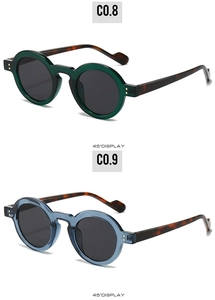 Detailed 45-degree view of retro round sunglasses with translucent frames and gold rivets